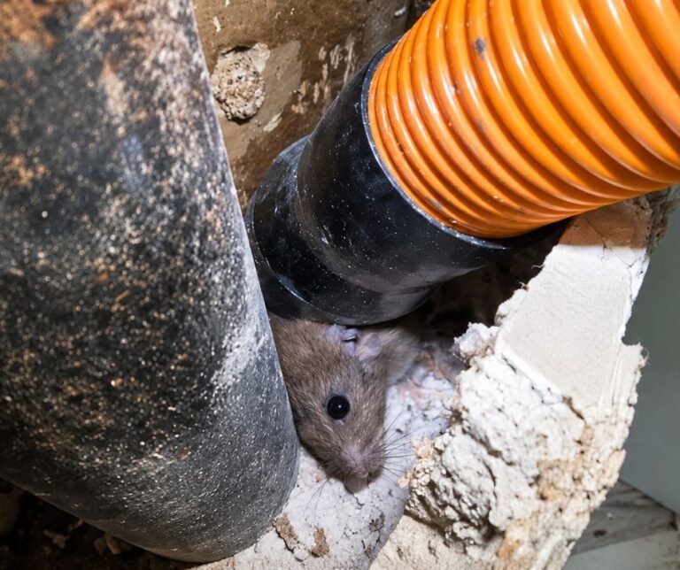 Rat squeezing past an unsealed pipe penetration in a wall