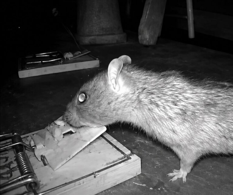 Night camera photo of a rat at a snap trap