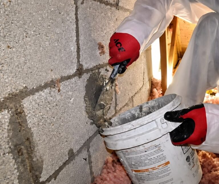 Technician sealing a block wall gap with mortar